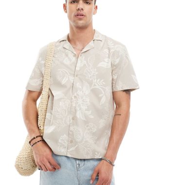 Hollister short sleeve revere collar floral print poplin shirt boxy fit in beige