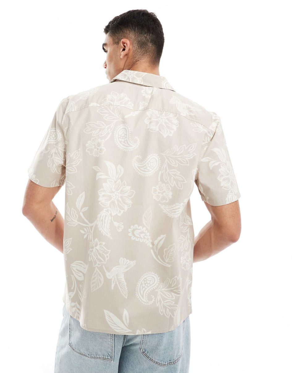 Hollister short sleeve revere collar floral print poplin shirt boxy fit in beige