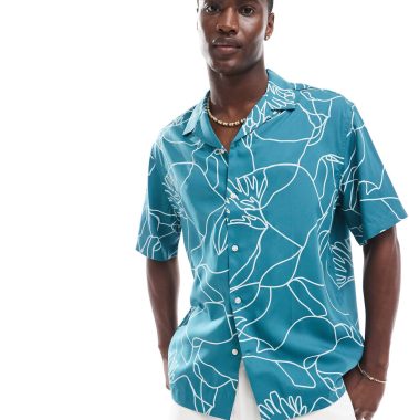 Selected homme oversized revere collar shirt with floral line print in green