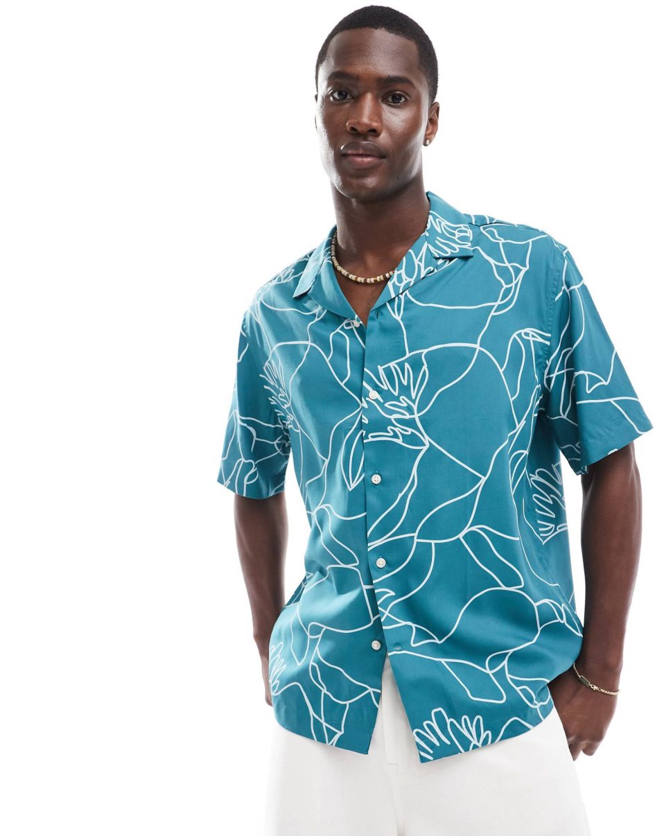 Selected homme oversized revere collar shirt with floral line print in green