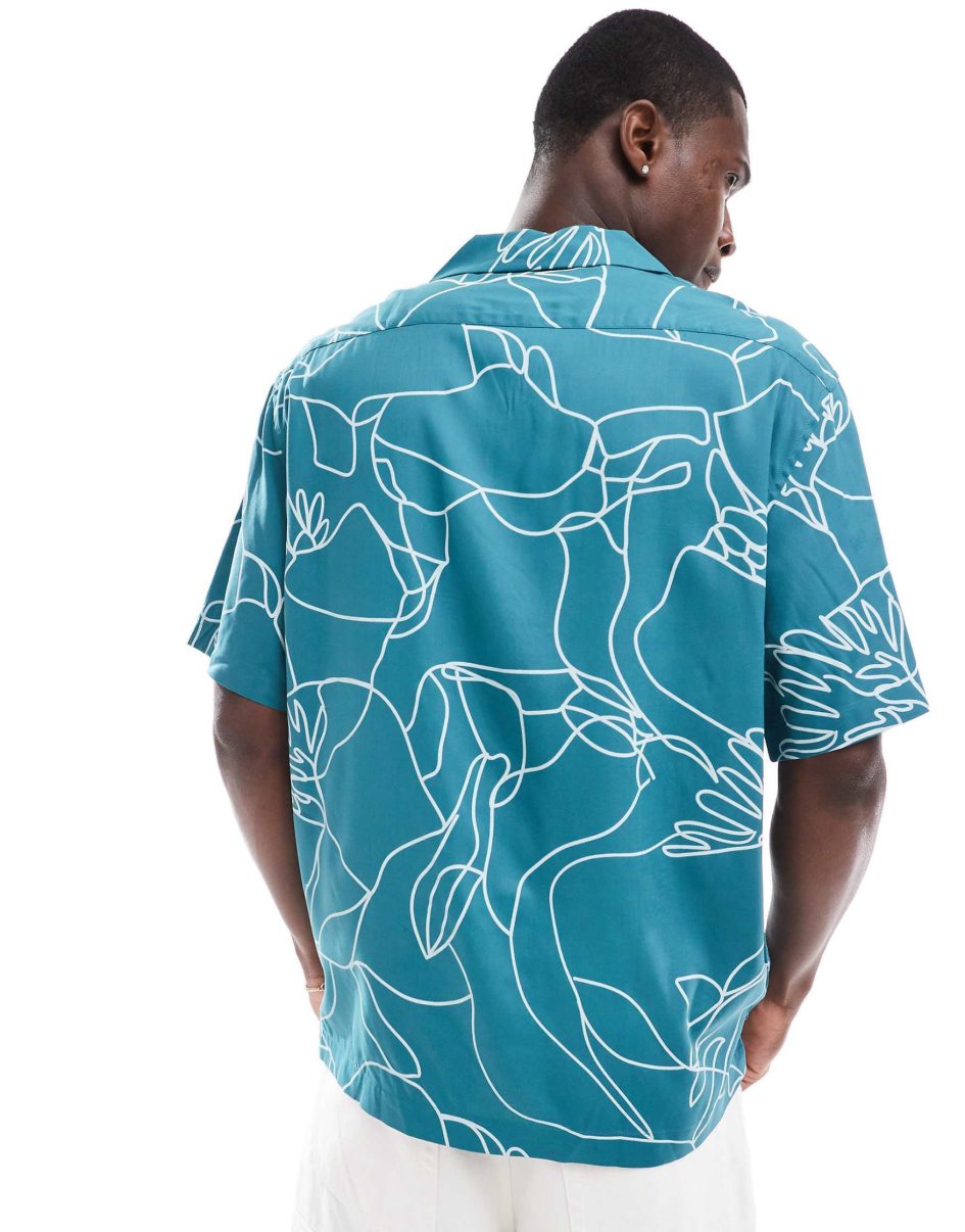 Selected homme oversized revere collar shirt with floral line print in green