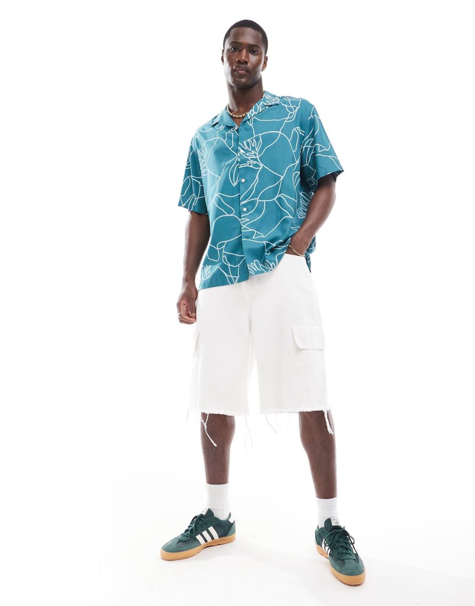 Selected homme oversized revere collar shirt with floral line print in green