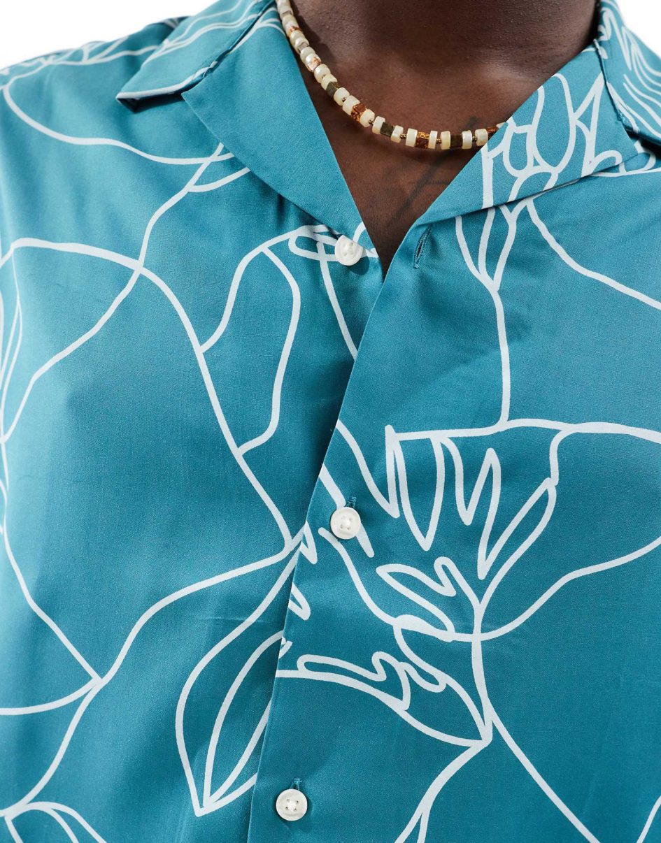 Selected homme oversized revere collar shirt with floral line print in green