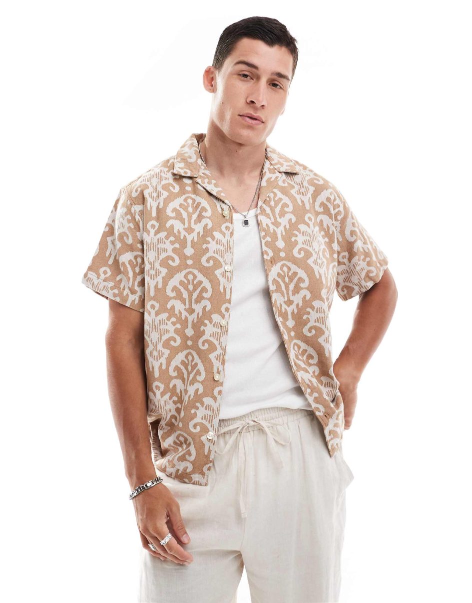 Jack & Jones Premium revere collar jacquard shirt in tan