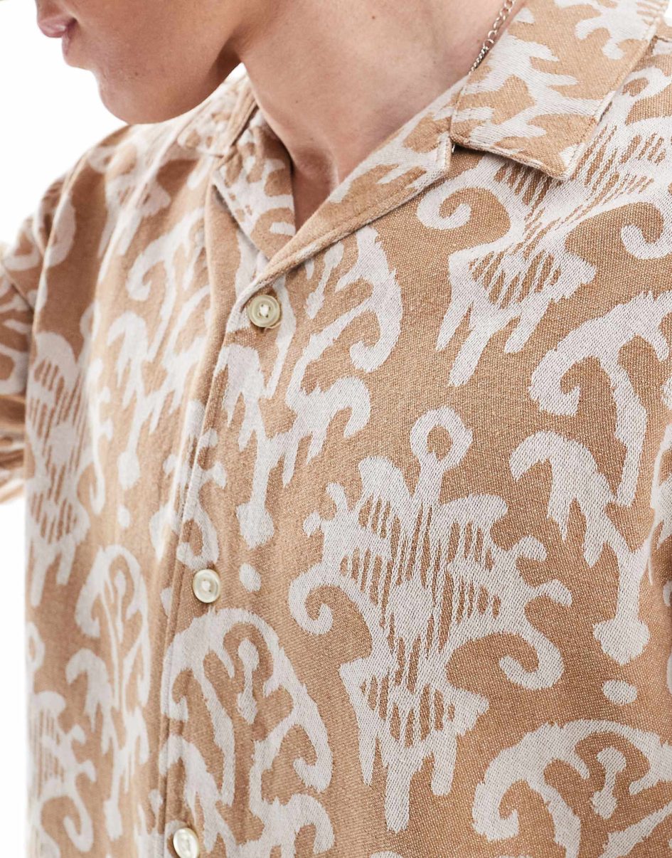 Jack & Jones Premium revere collar jacquard shirt in tan