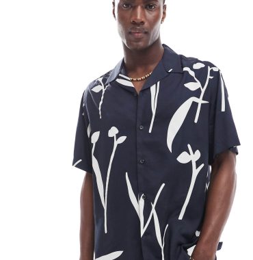 Selected homme revere collar shirt with leaf print