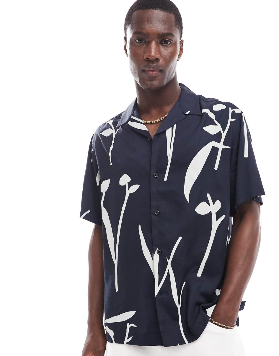 Selected homme revere collar shirt with leaf print