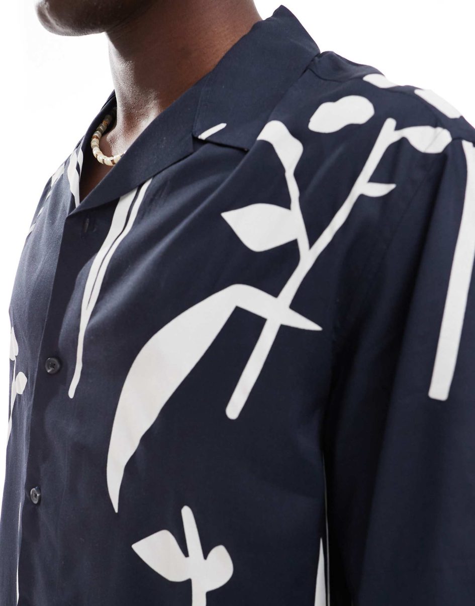 Selected homme revere collar shirt with leaf print